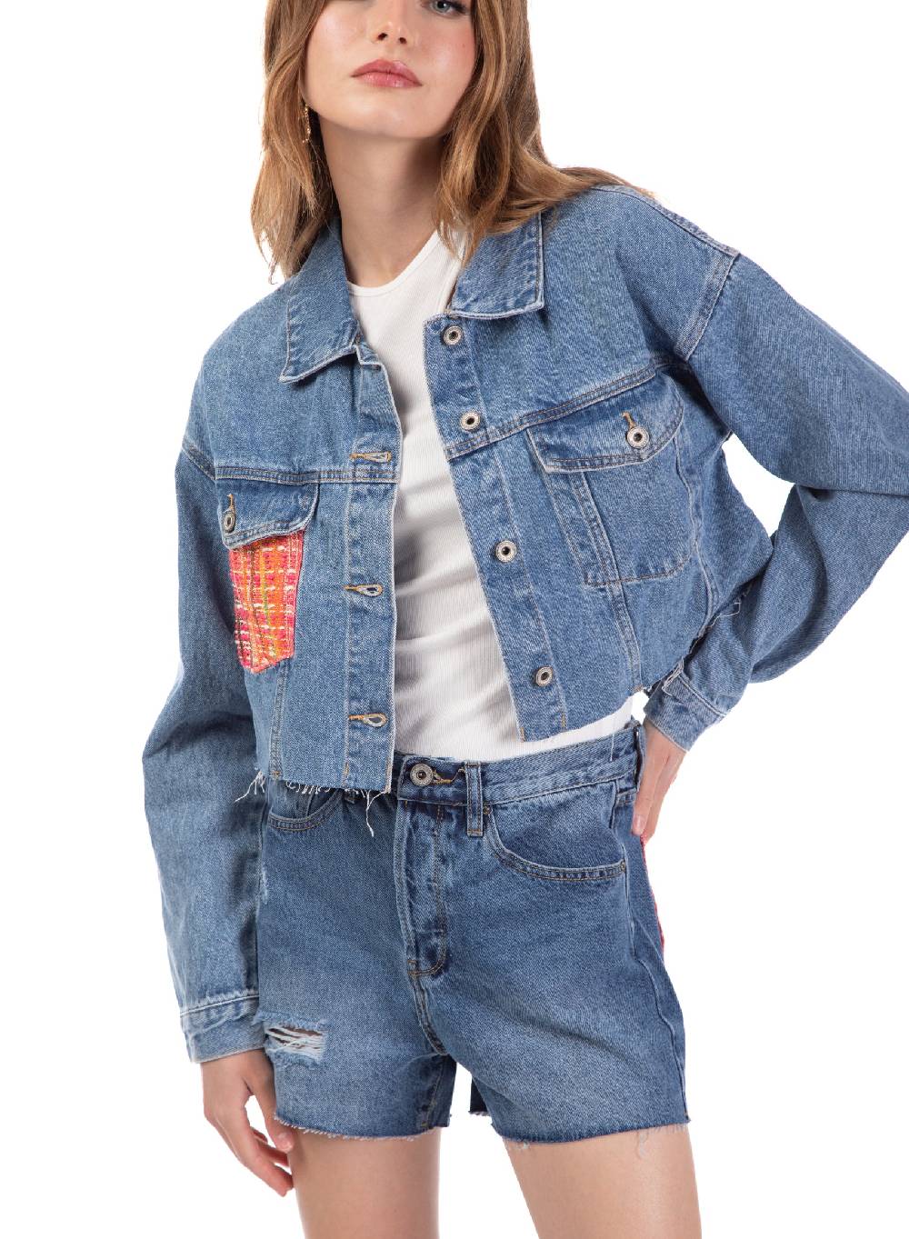 Le Volière Giacca in denim con dettaglio tasca in tweed In Linea
