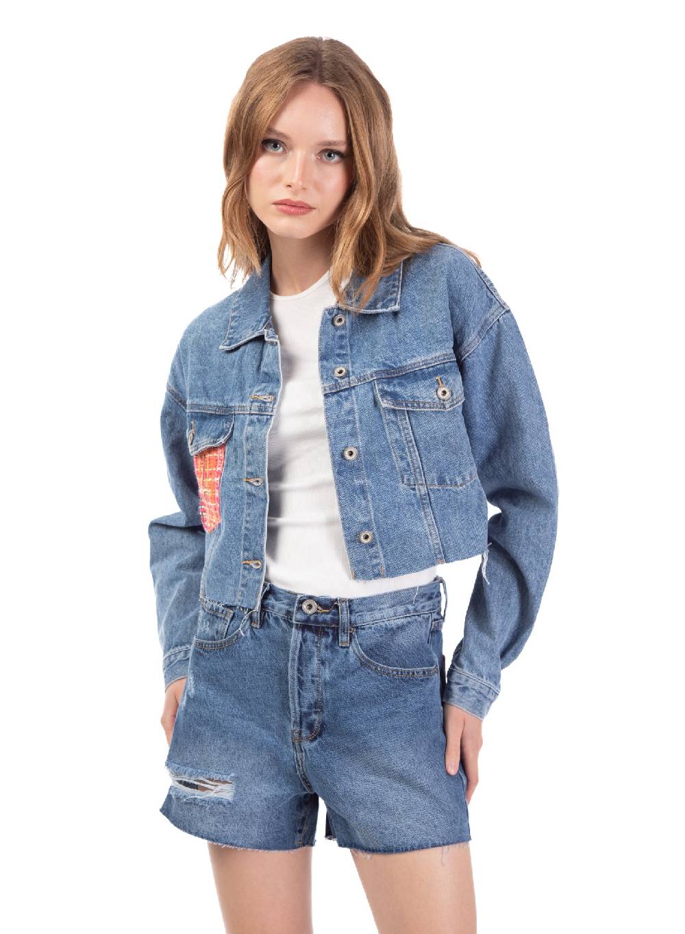 Le Volière Giacca in denim con dettaglio tasca in tweed In Linea
