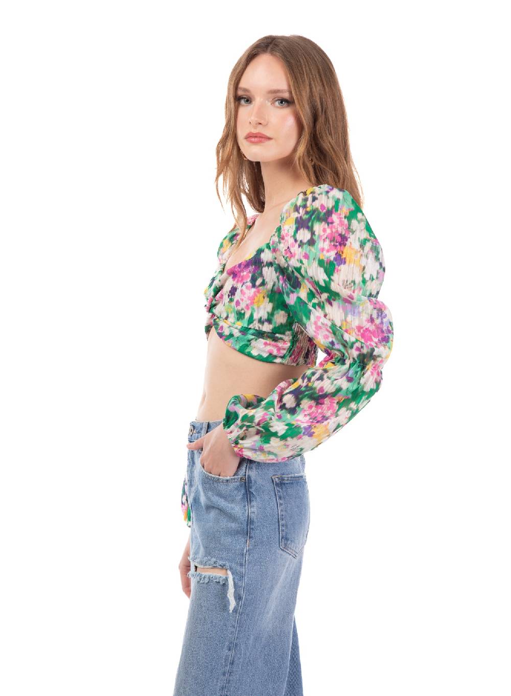 Le Volière Cropped top floreale manica lunga Spedizione Gratuita