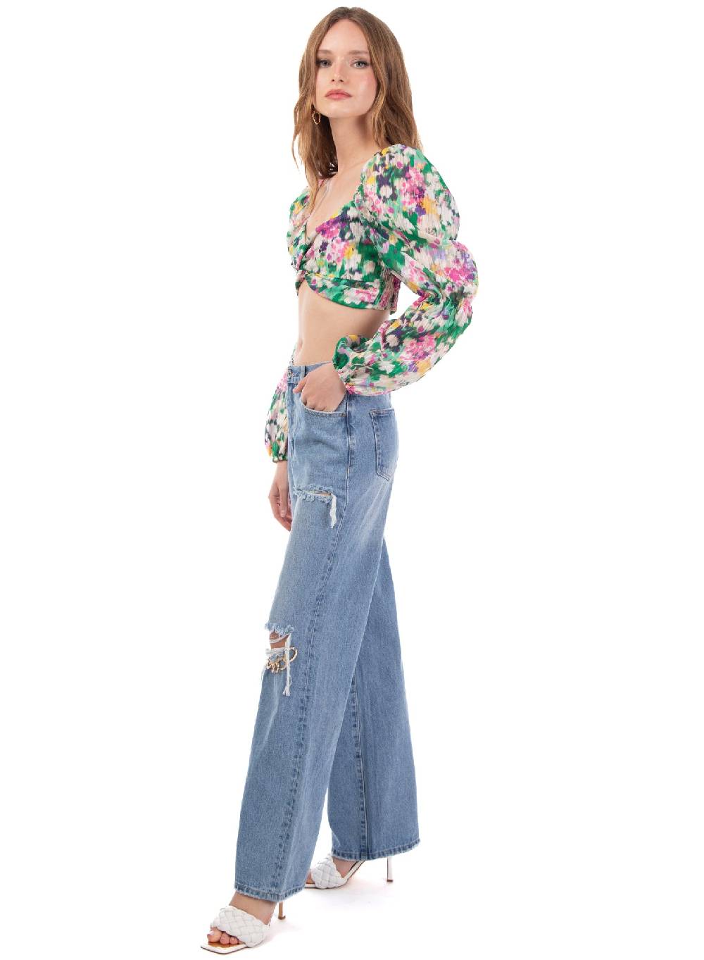 Le Volière Cropped top floreale manica lunga Spedizione Gratuita