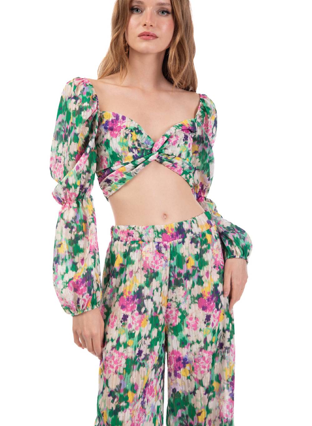 Le Volière Cropped top floreale manica lunga Spedizione Gratuita