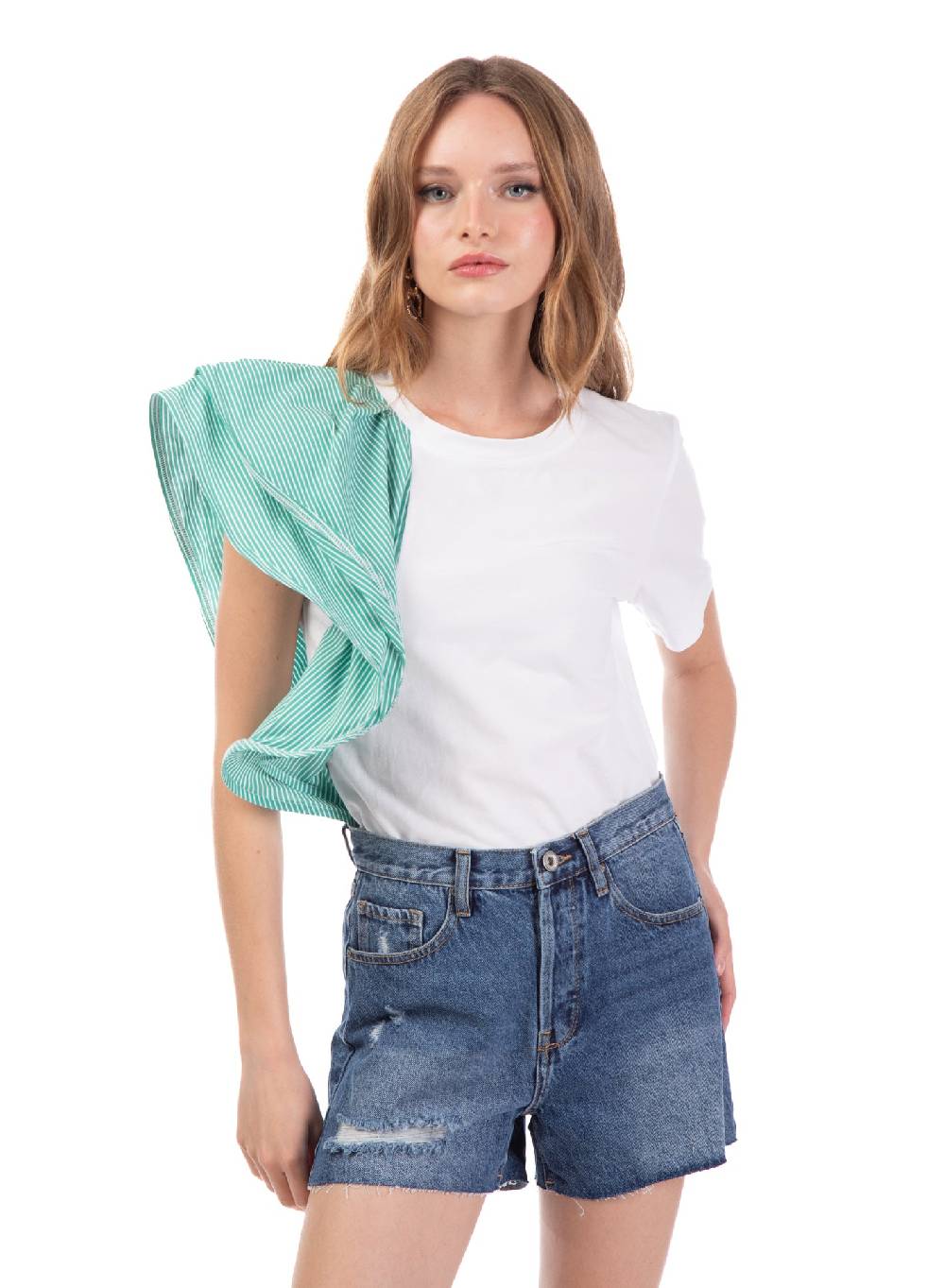 Le Volière T-shirt bianca con volant a righe Negozi Online