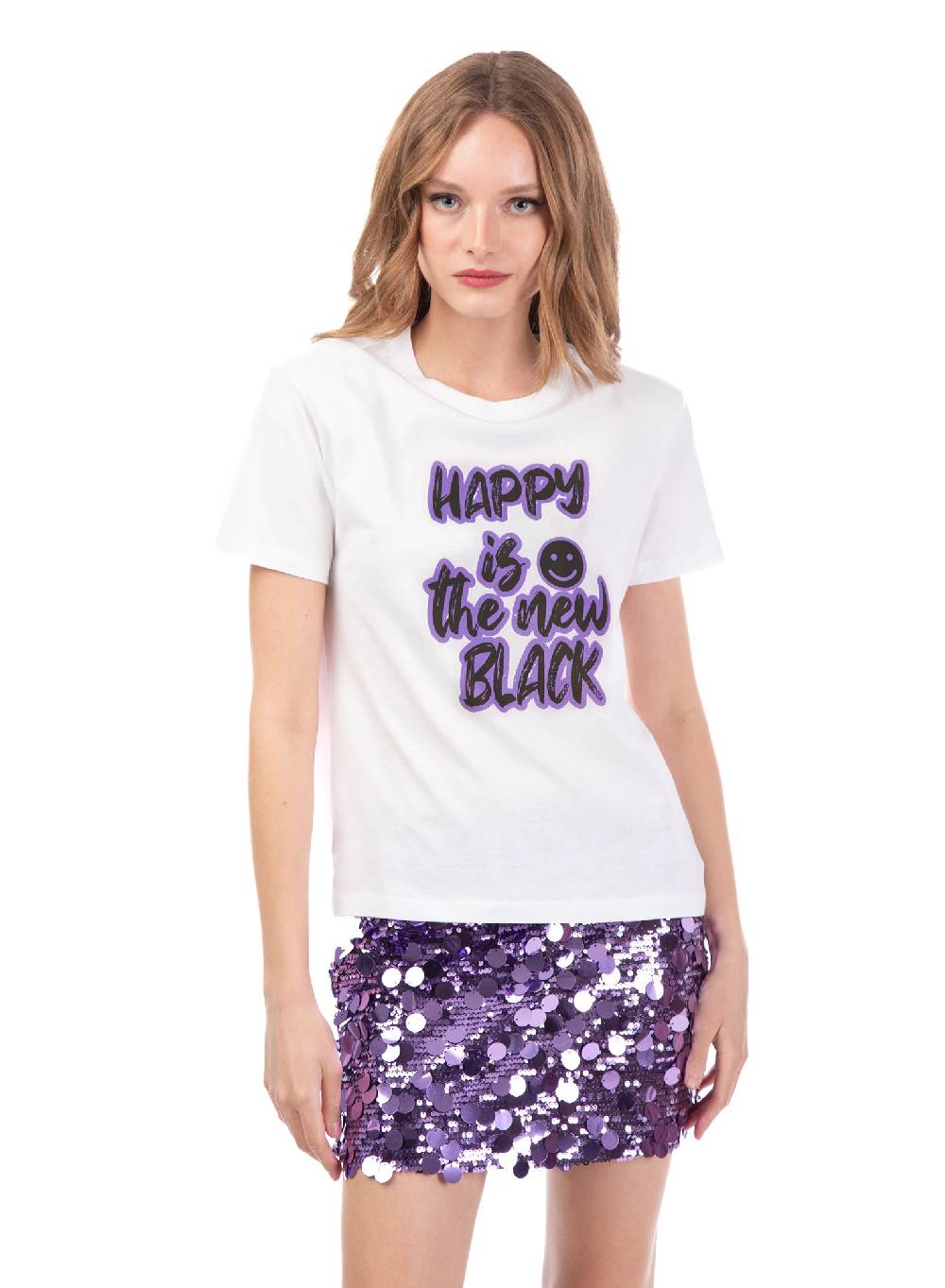 Le Volière T-shirt bianca 'Happy is the new black' Sottocosto