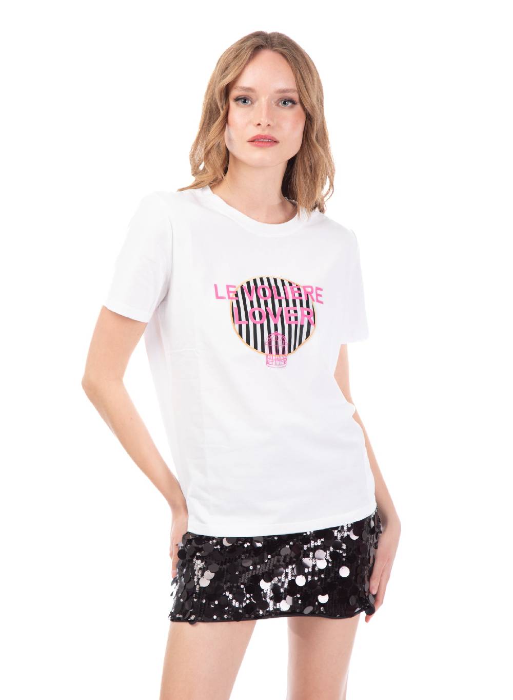 Le Volière T-shirt bianca con stampa rigata 'Le Volière' Presa