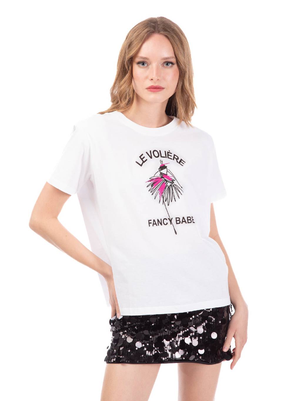 Le Volière T-shirt bianca con stampa 'Le Volière fancy babe' Sconto