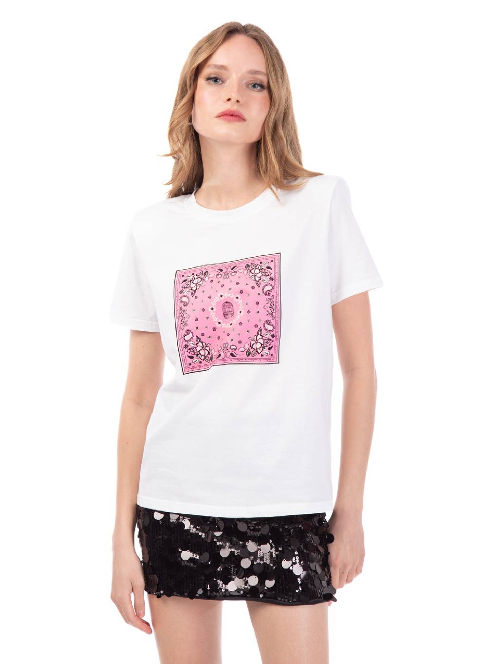 Le Volière T-shirt bianca con stampa bandana rosa Offerta