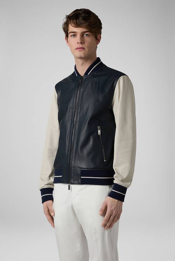 Lab. Pal Zileri Varsity Jacket in nappa bicolore blu e panna Offerta