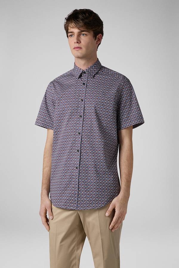 Lab. Pal Zileri Camicia bowling stampata nei toni dell'azzurro, bianco e bordeaux In Vendita