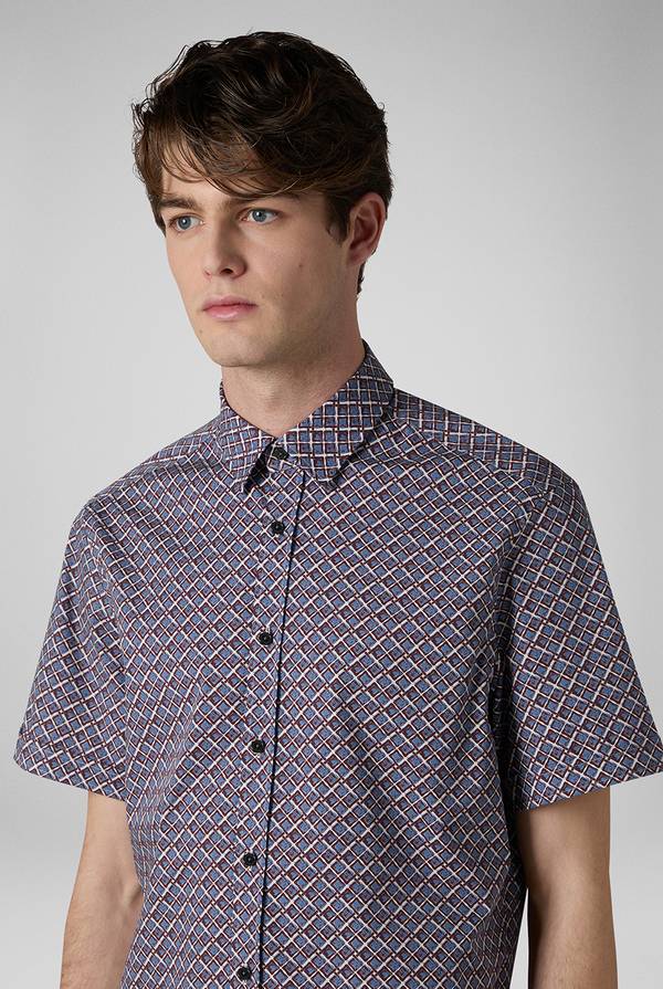 Lab. Pal Zileri Camicia bowling stampata nei toni dell'azzurro, bianco e bordeaux In Vendita