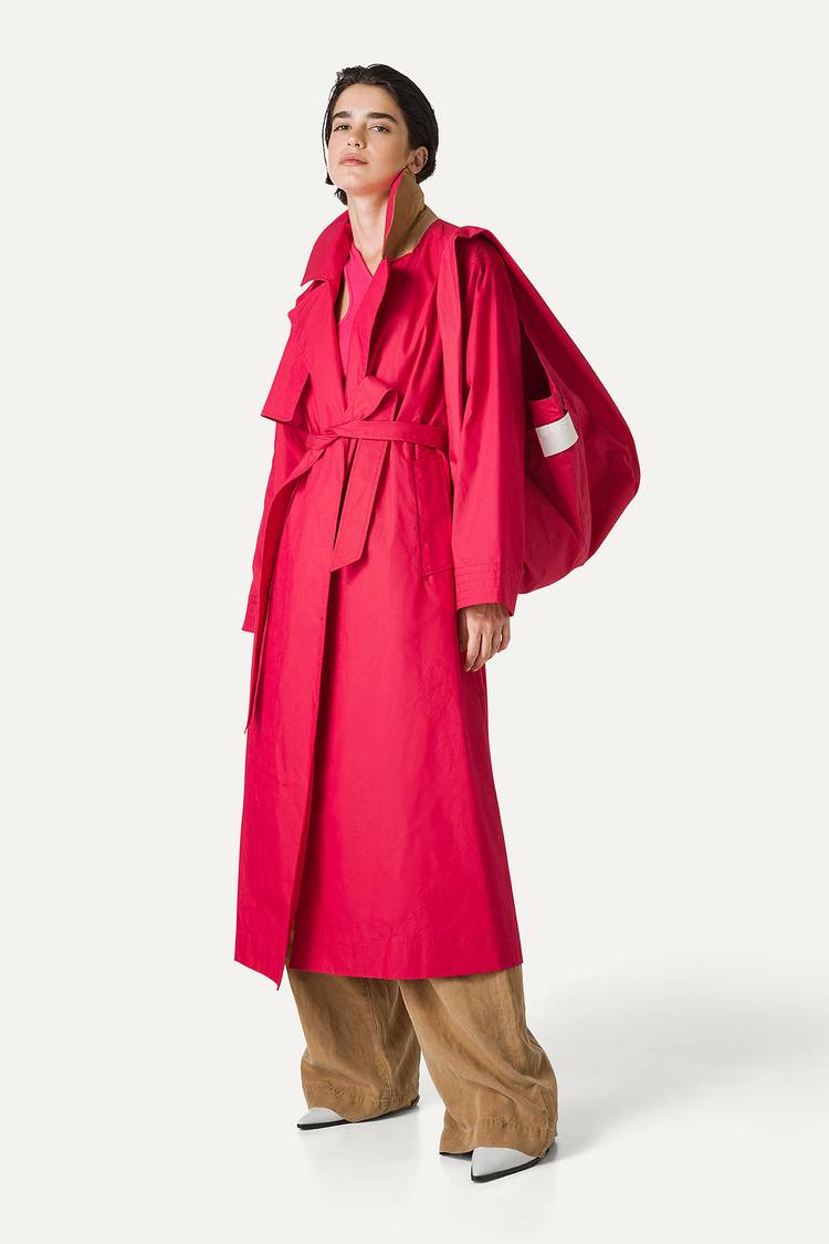 Oof Wear TRENCH LUNGO IN GABARDINA DI COTONE LEGGERO 9203 - LAMPONE Nuova