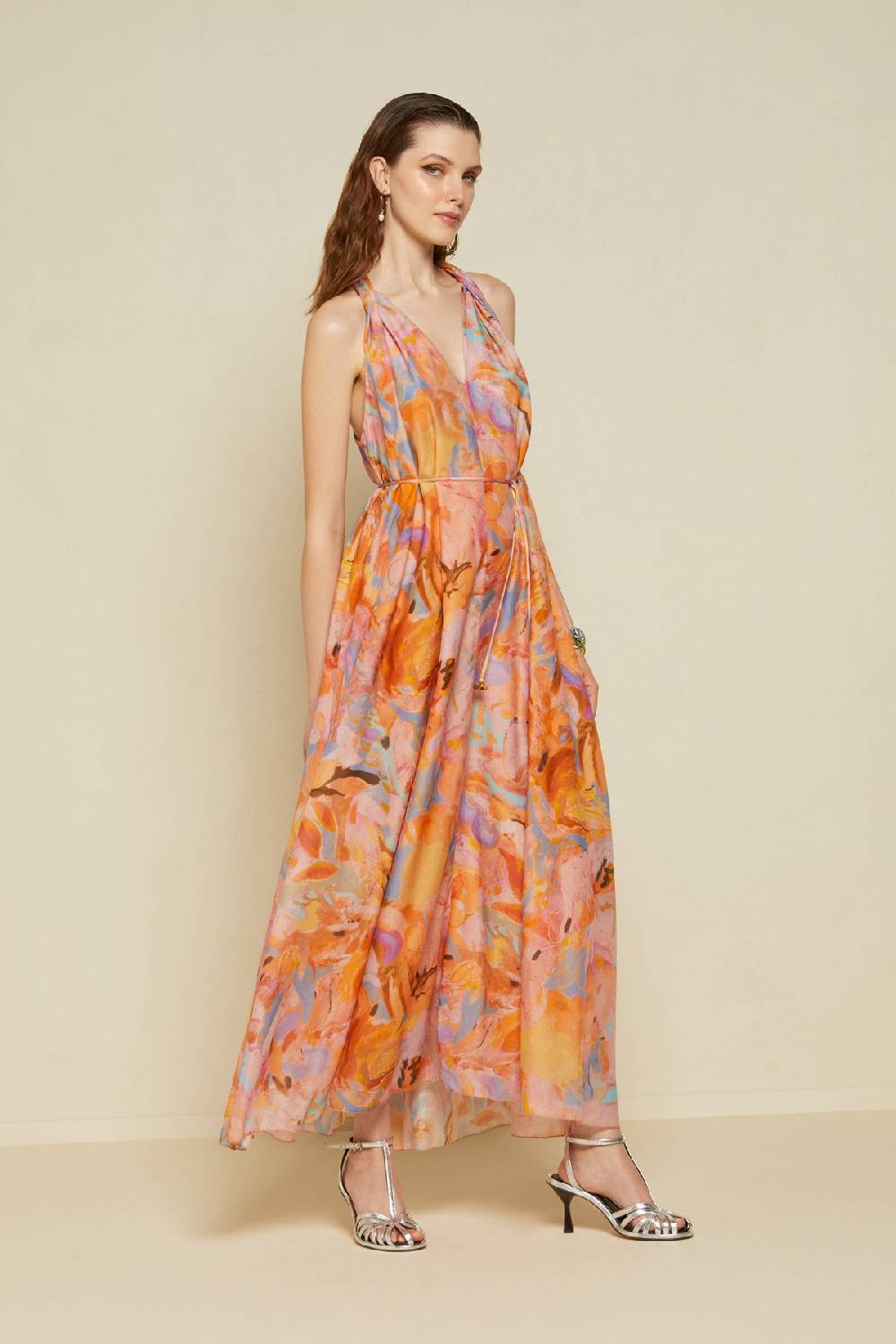 ottod'Ame Silk blend long dress with foulard neckline In Saldo