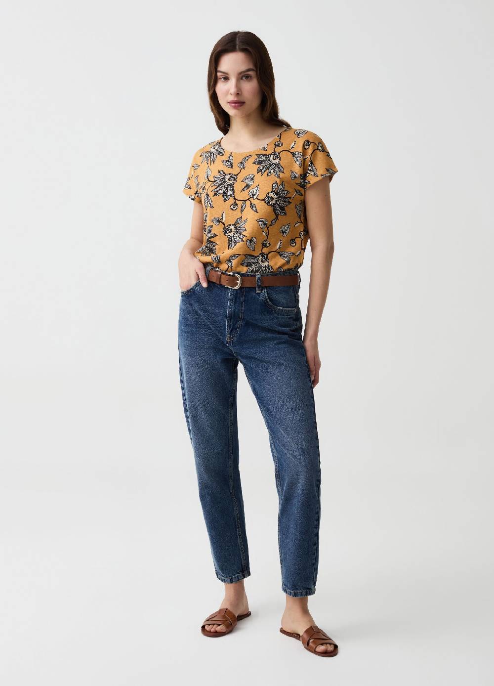 Ovs T-shirt in lino e cotone con stampa floreale Vendite Flash