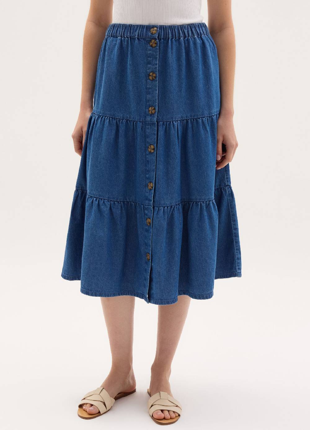 Ovs Gonna midi a balze in denim con bottoni 2025