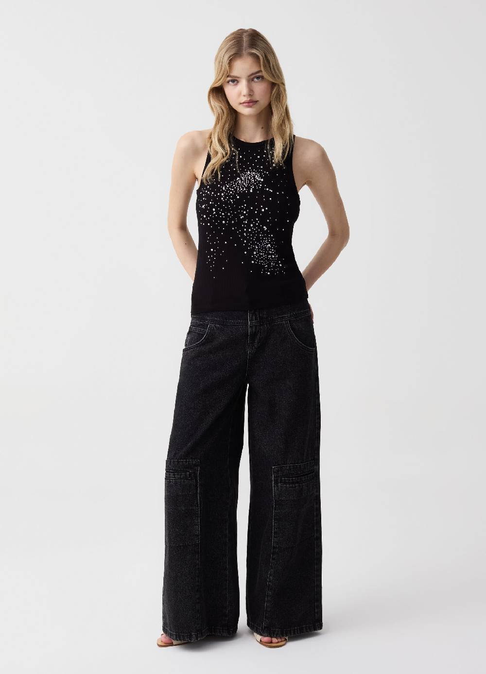 Ovs Tank top a costine con strass Nuovo