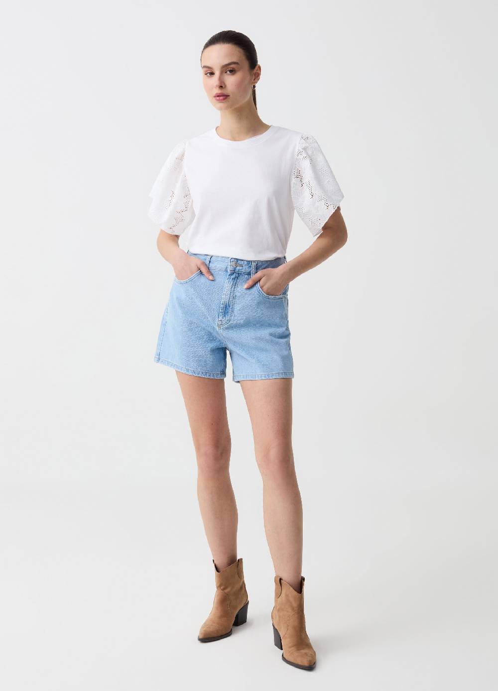 Ovs T-shirt in cotone con maniche in sangallo Vendite Flash