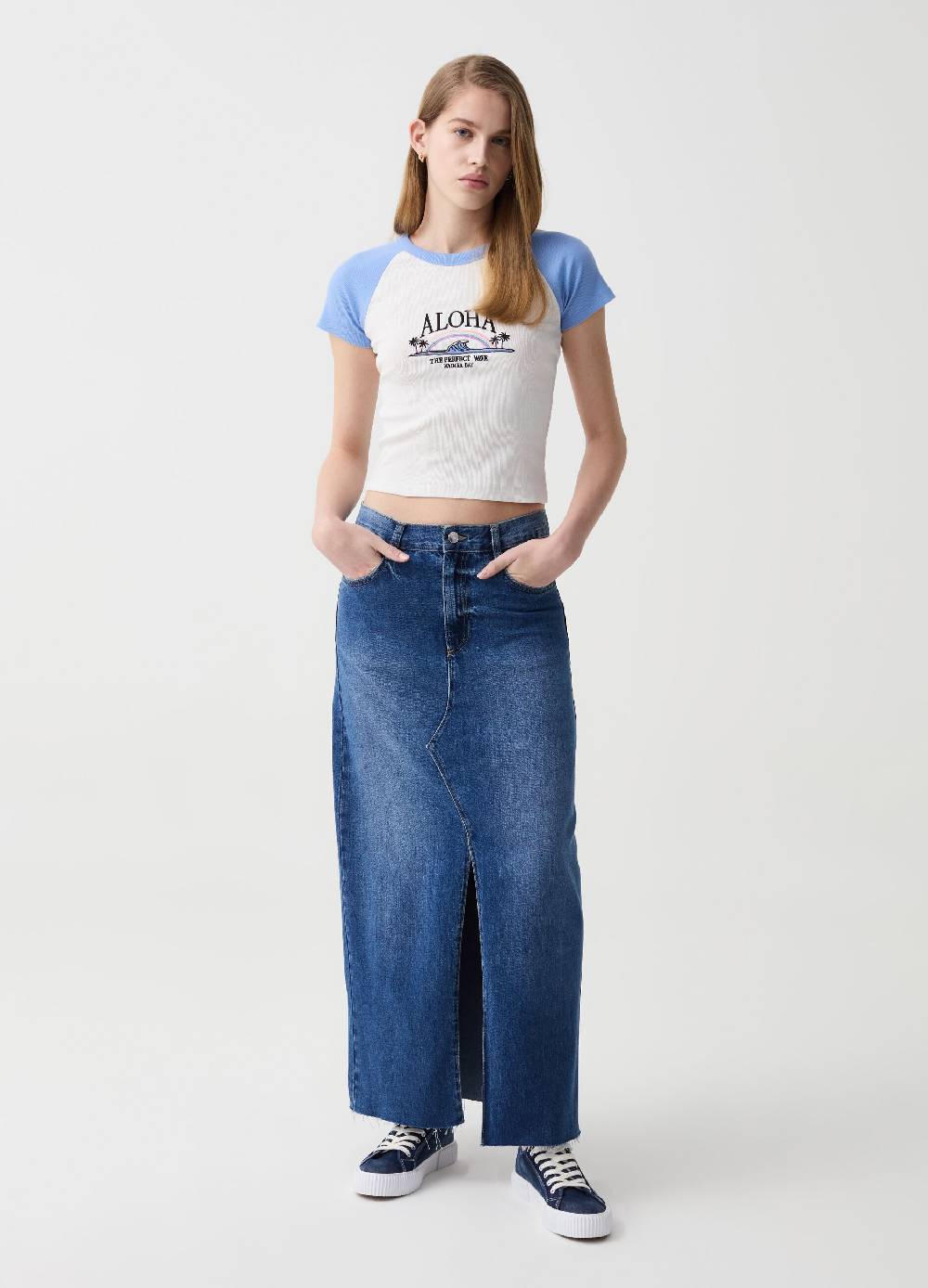 Ovs Gonna lunga in denim con orlo a vivo Bestseller