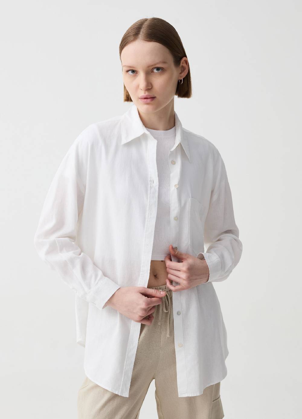 Ovs Camicia over in lino e viscosa con tasca Italia
