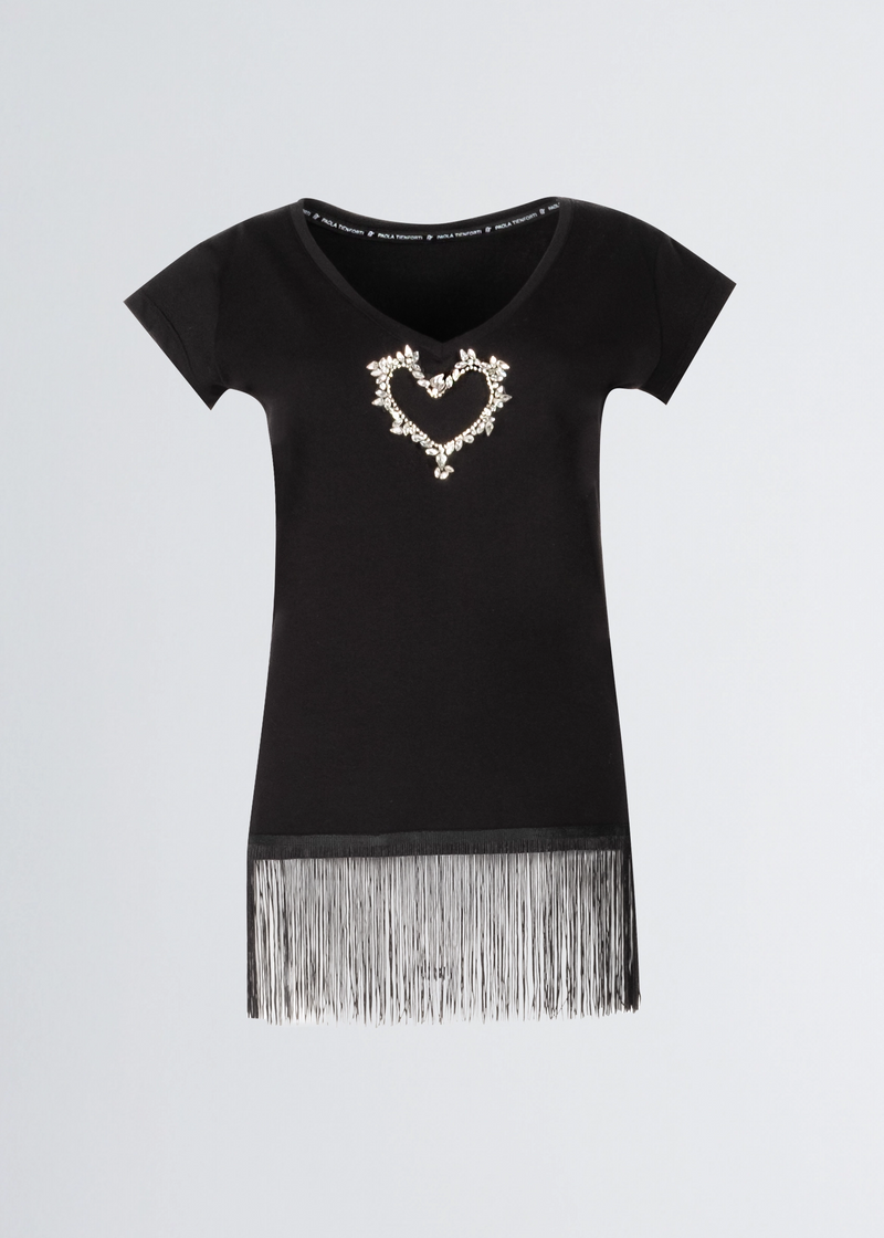 Paola T. T-shirt in cotone stretch con frange Novità