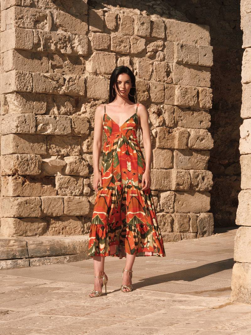 Paola T. Abito lungo in viscosa stampa Palm Saldi