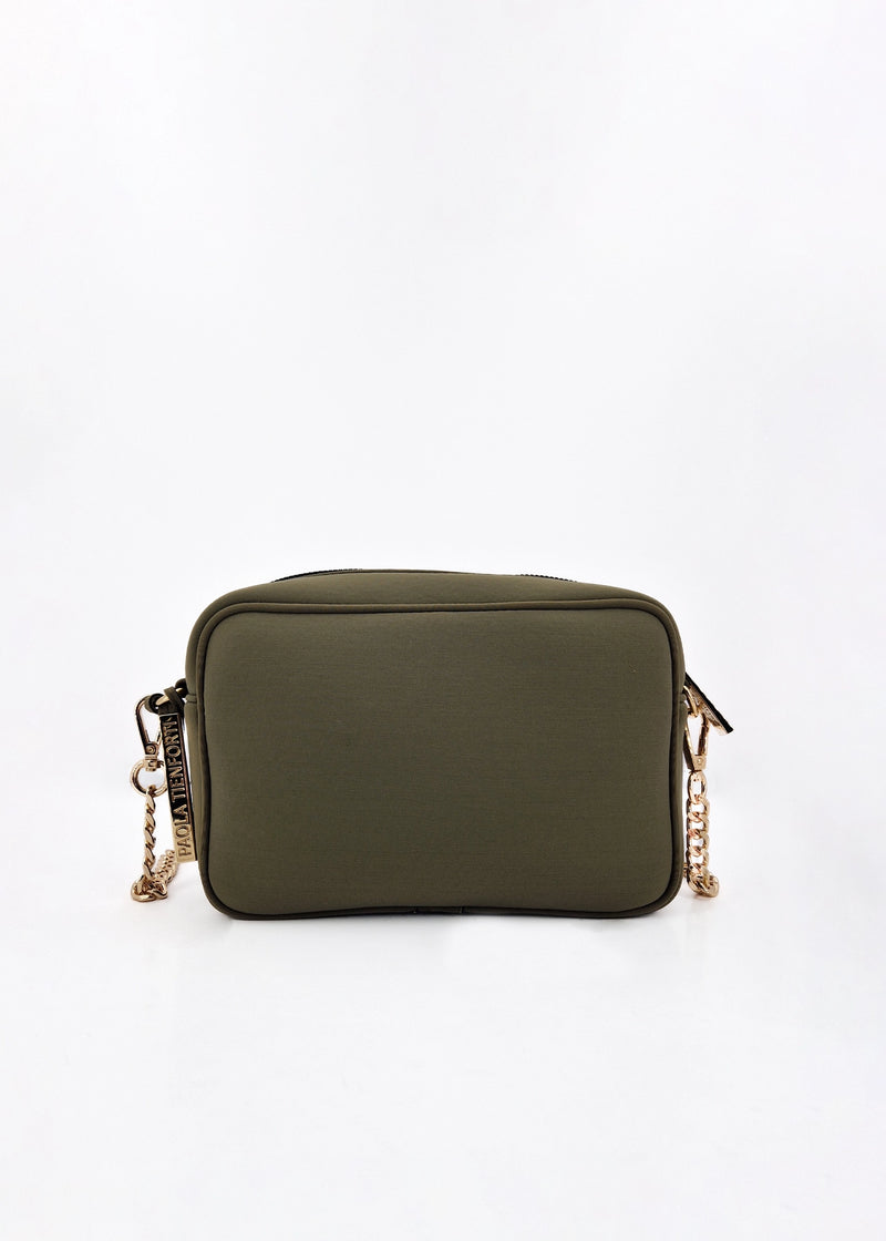 Paola T. Borsa a tracolla in neoprene con dettagli oro 2025
