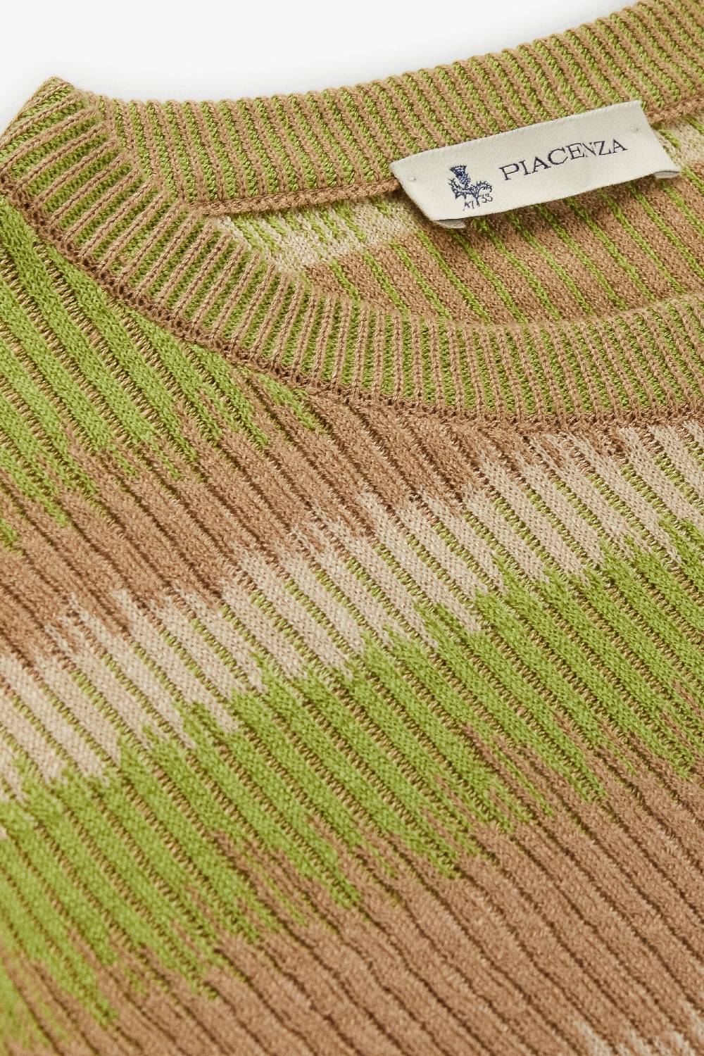 Piacenza 1733 Maglia maniche lunghe ikat striped flat rib verde e naturale Soddisfazione Garantita