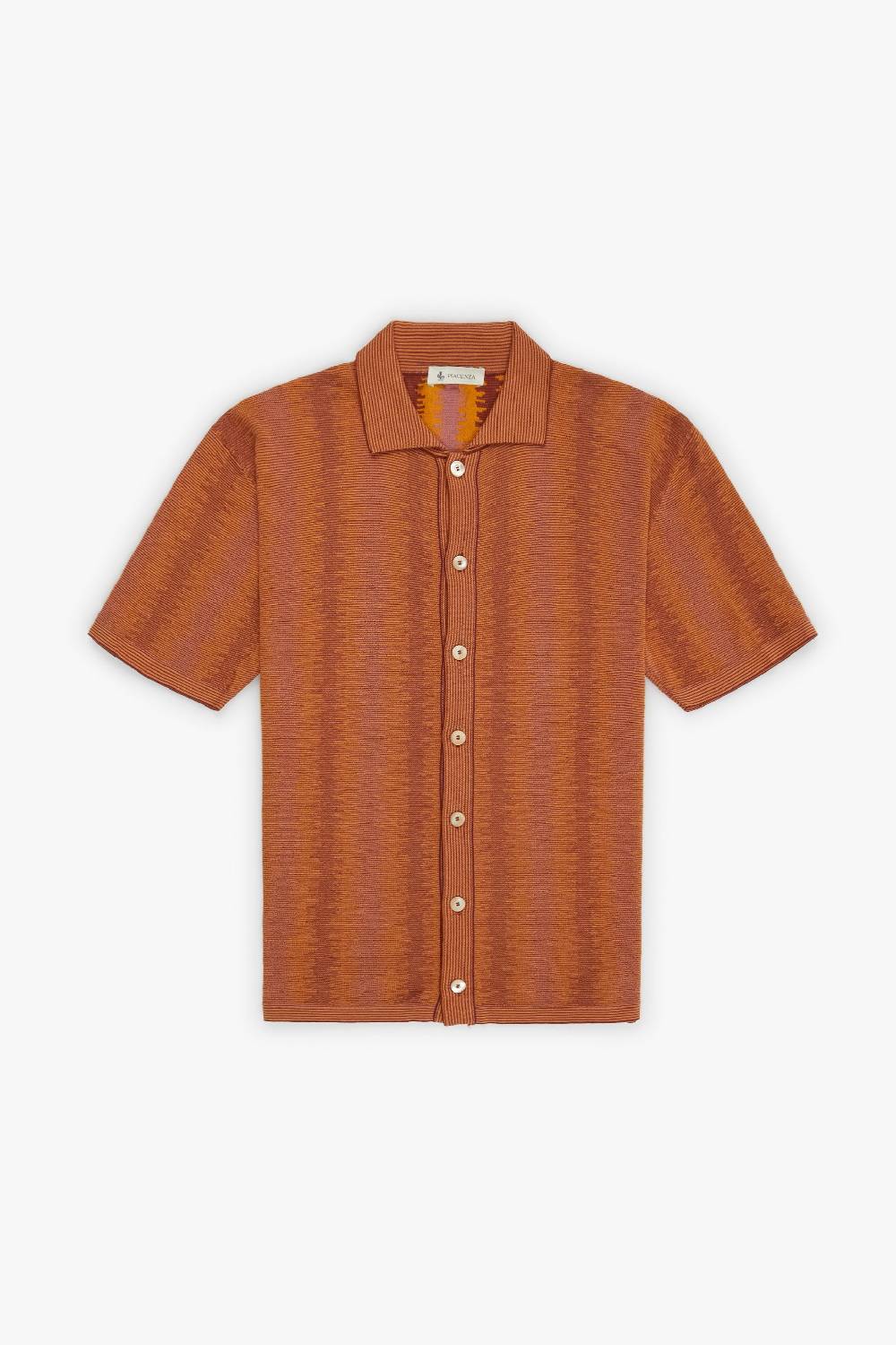 Piacenza 1733 Camicia maniche corte ikat vertical stripe senape e vinaccia Consegna Veloce