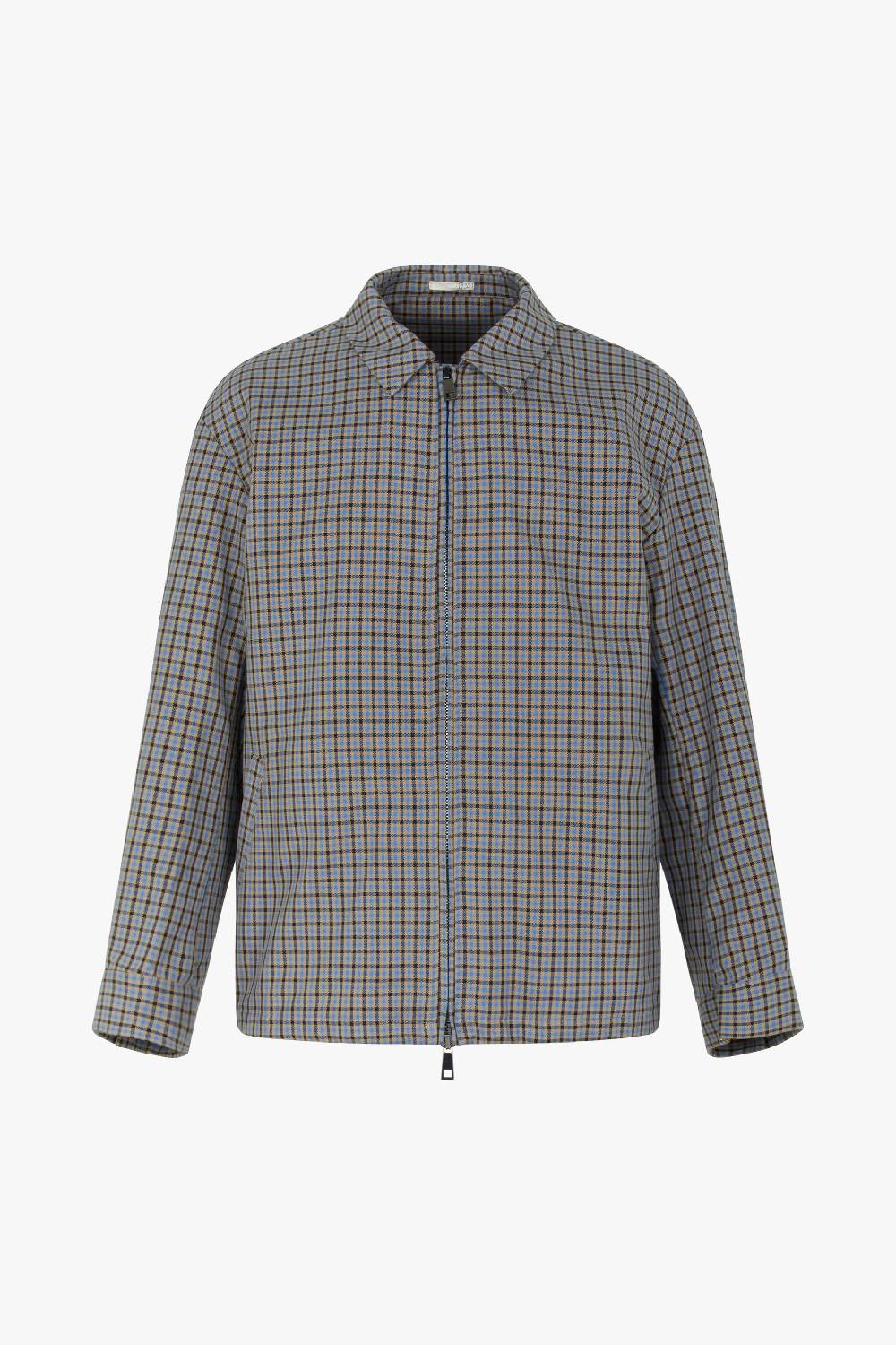 Piacenza 1733 Giacca collo camicia zip micro check azzurro e marrone Presa