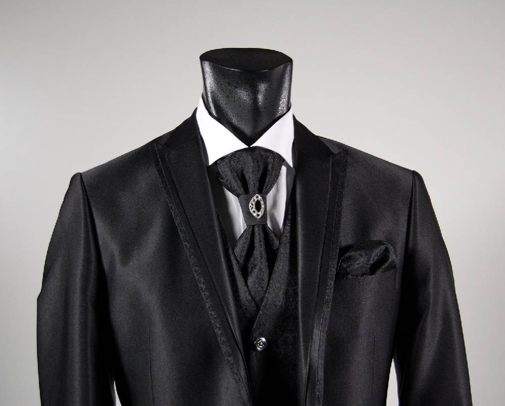 Musani Milano Cerimonia Abito da sposo nero slim fit completo di gilet cravatta e camicia musani milano Moda