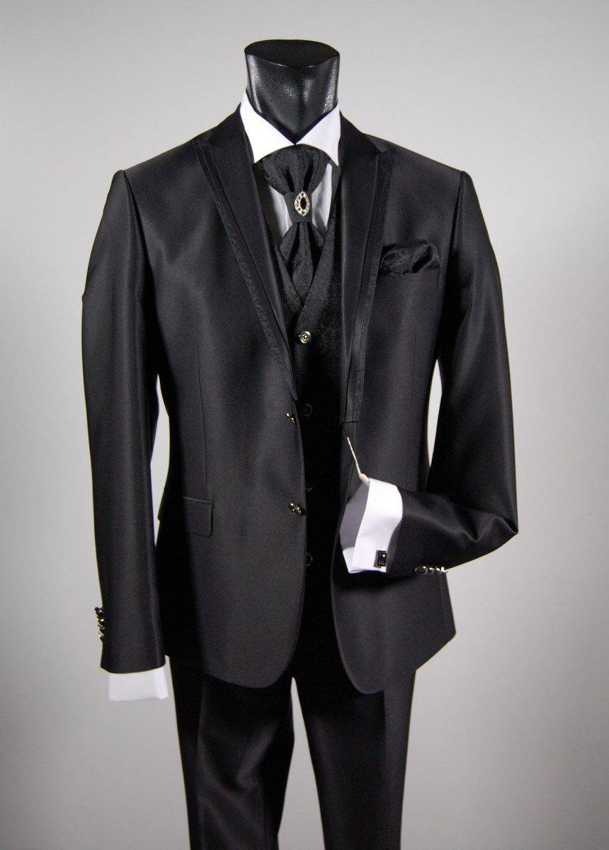 Musani Milano Cerimonia Abito da sposo nero slim fit completo di gilet cravatta e camicia musani milano Moda