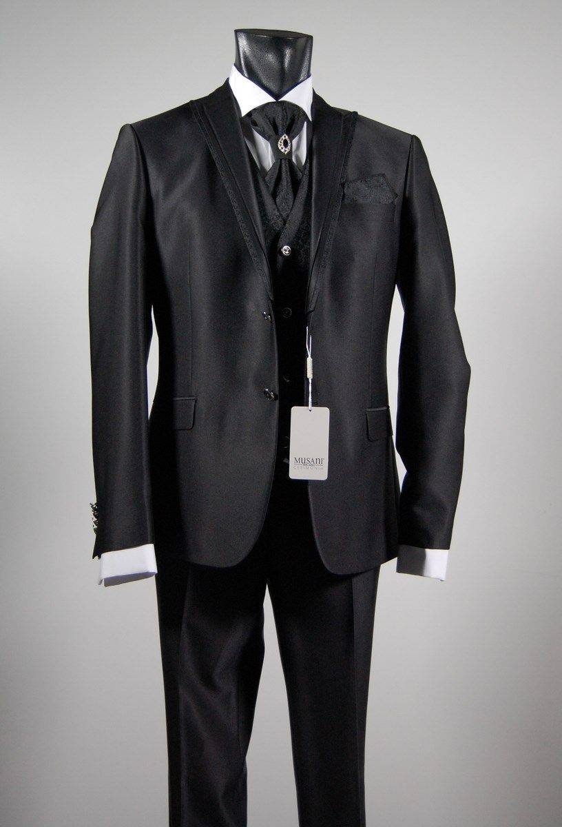 Musani Milano Cerimonia Abito da sposo nero slim fit completo di gilet cravatta e camicia musani milano Moda