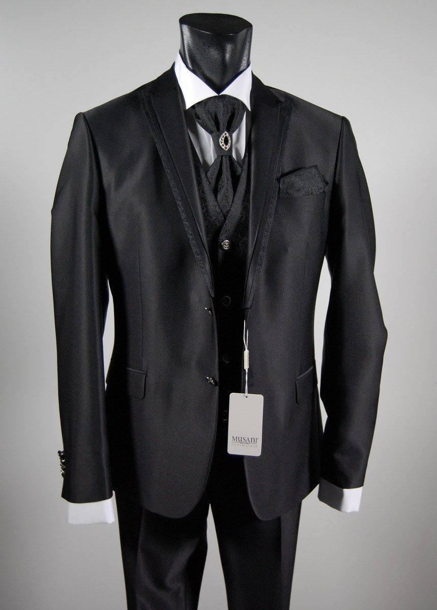 Musani Milano Cerimonia Abito da sposo nero slim fit completo di gilet cravatta e camicia musani milano Moda
