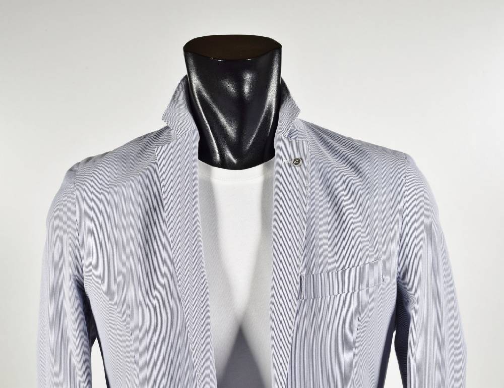 Falko Rosso Giacca misto cotone elasticizzato a righe azzurro sfoderata made in italy Pezzi Unici