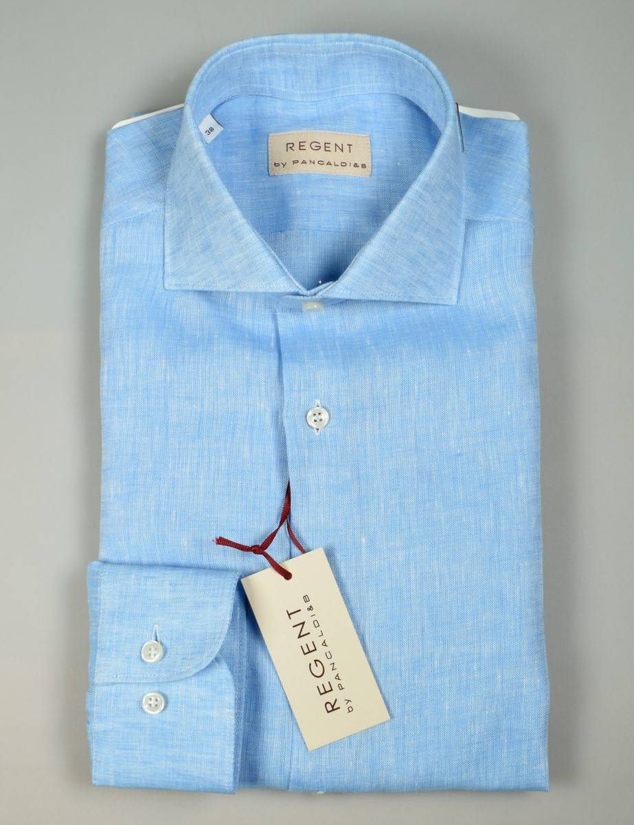 Regent by Pancaldi Camicia pancaldi verde acqua slim fit in puro lino collo alla francese Promozione temporanea
