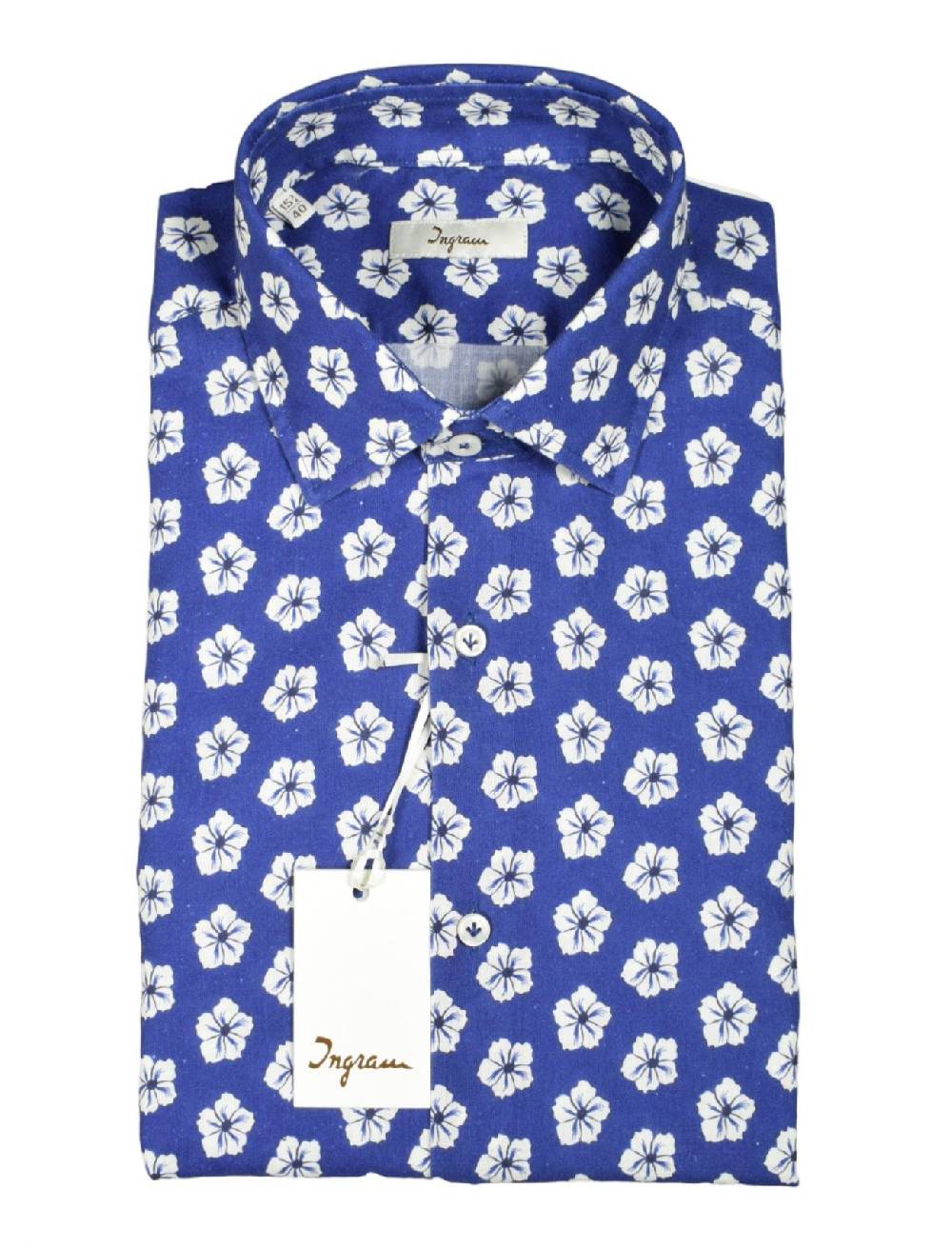 Ingram Camicia ingram azzurra fantasia floreale cotone e lino slim fit 50% di sconto con spedizione gratuita