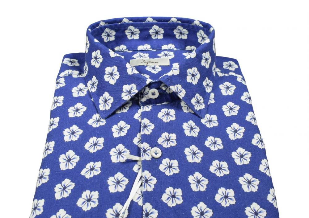 Ingram Camicia ingram azzurra fantasia floreale cotone e lino slim fit 50% di sconto con spedizione gratuita