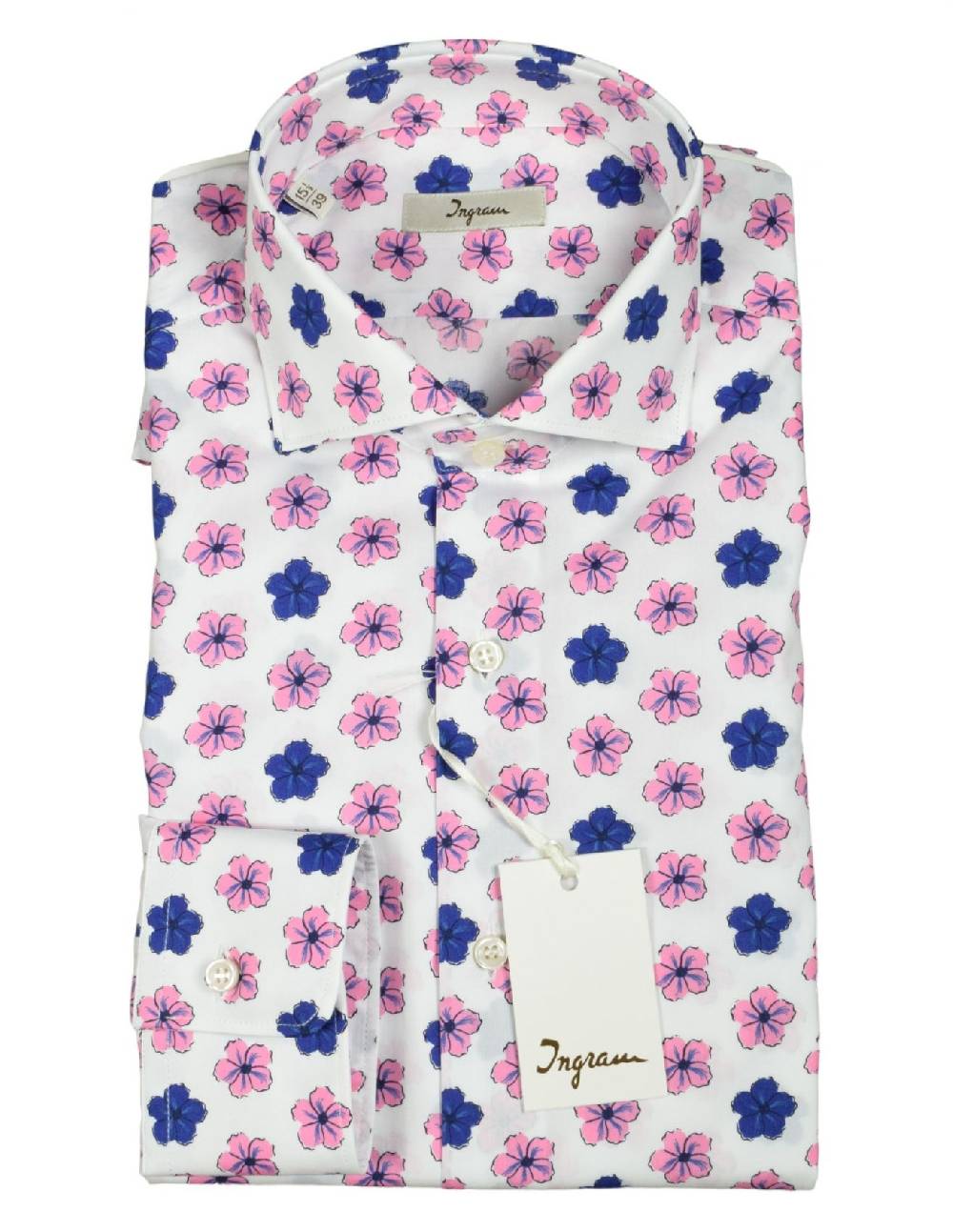 Ingram Camicia ingram fantasia floreale blu e rosa in puro cotone slim fit Trasporto libero internazionale