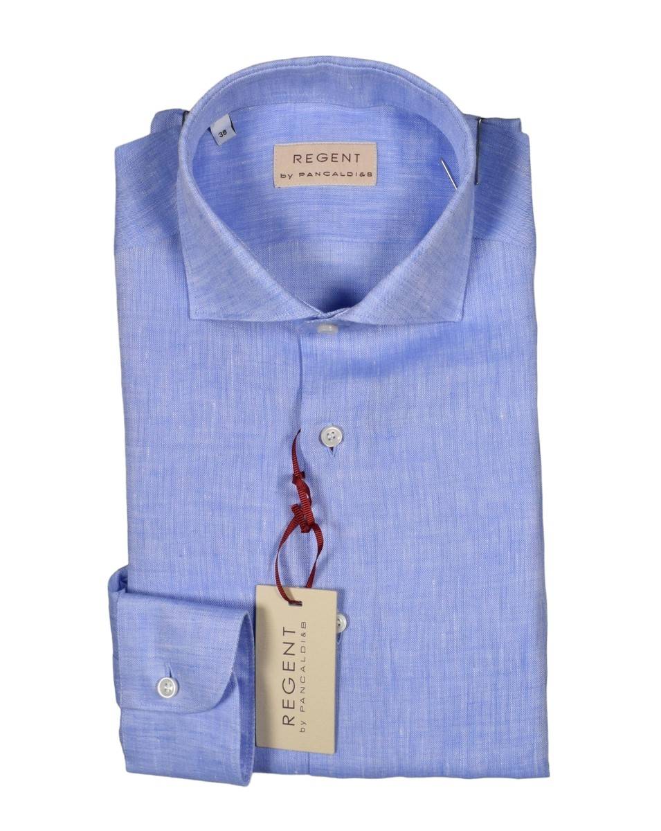 Regent by Pancaldi Camicia celeste pancaldi slim fit in puro lino collo alla francese Esporta salva
