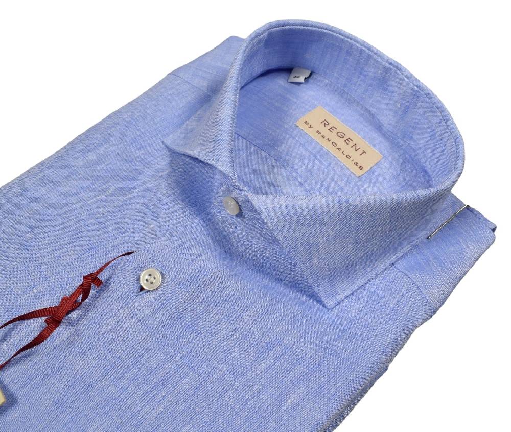 Regent by Pancaldi Camicia celeste pancaldi slim fit in puro lino collo alla francese Esporta salva