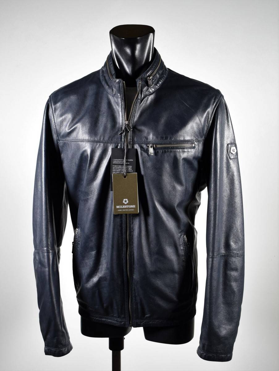 Milestone Giubbino in pelle blu a fondo dritto milestone Consegna Veloce