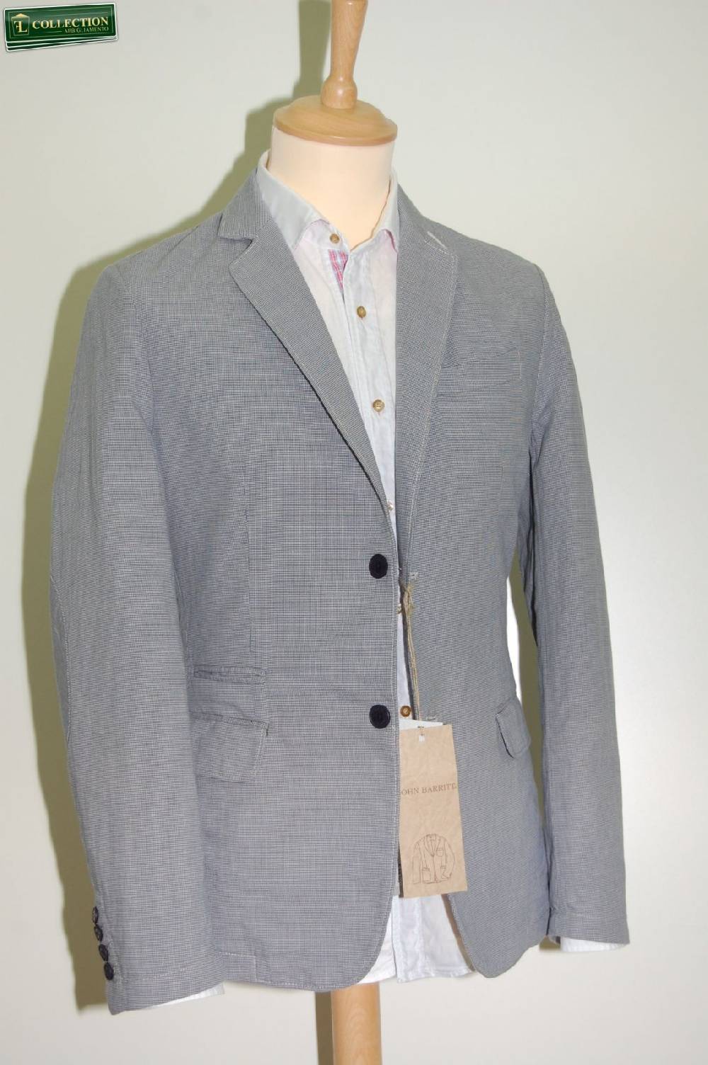 John Barritt Giacca moda cotone lavato micro quadro azzurro