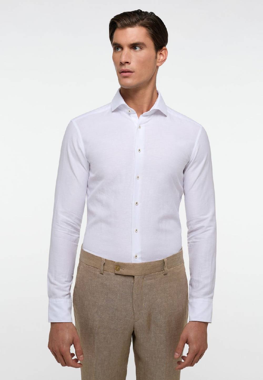 Eterna Camicia eterna slim fit bianca lino e cotone collo alla francese Bestseller