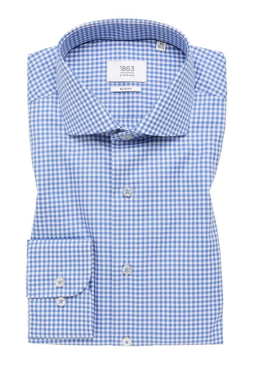 Eterna Camicia a quadretti azzurro eterna slim fit in cotone twill no stiro Saldi Di Fabbrica