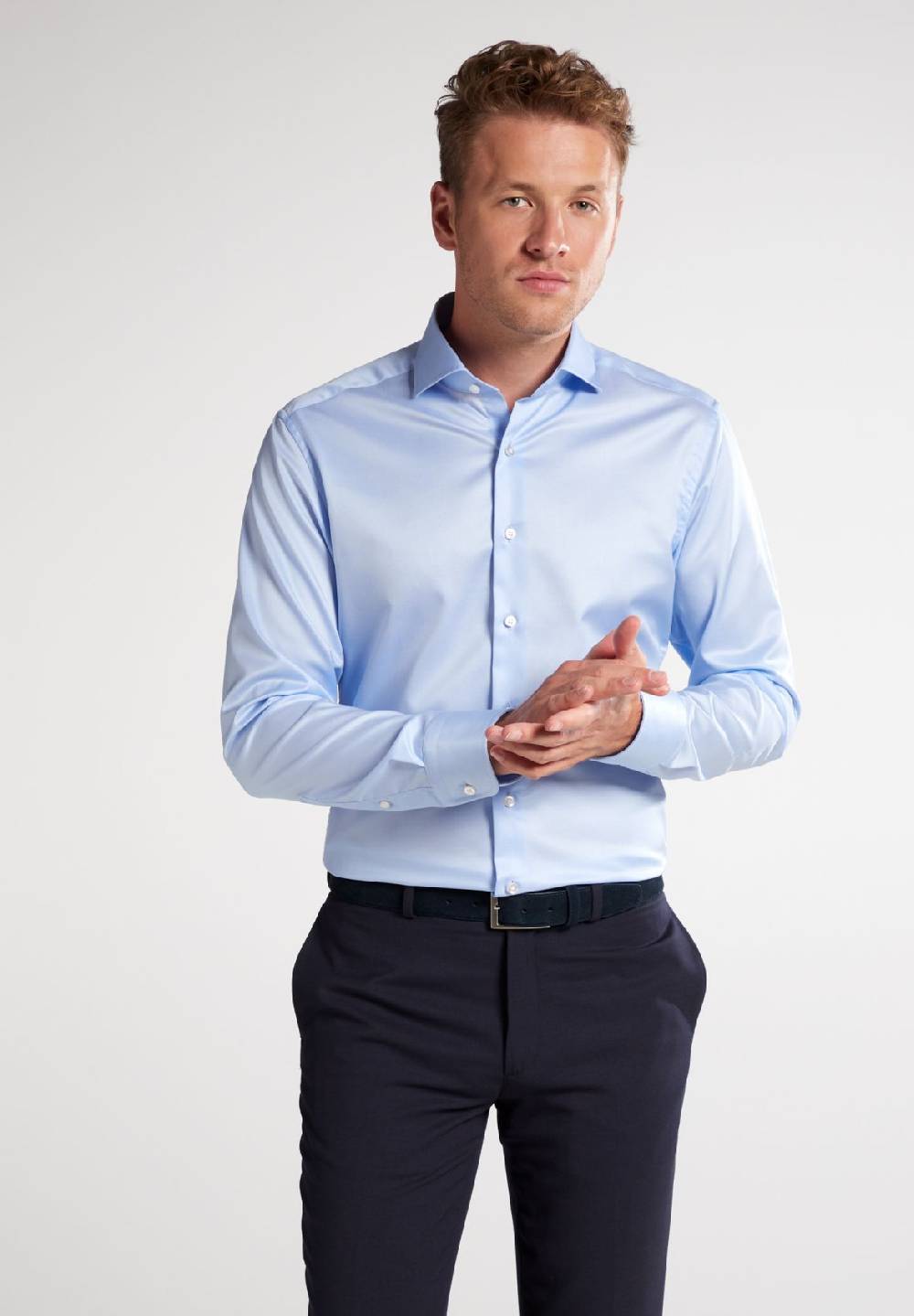 Eterna Camicia celeste eterna slim fit in cotone twill no stiro Negozio