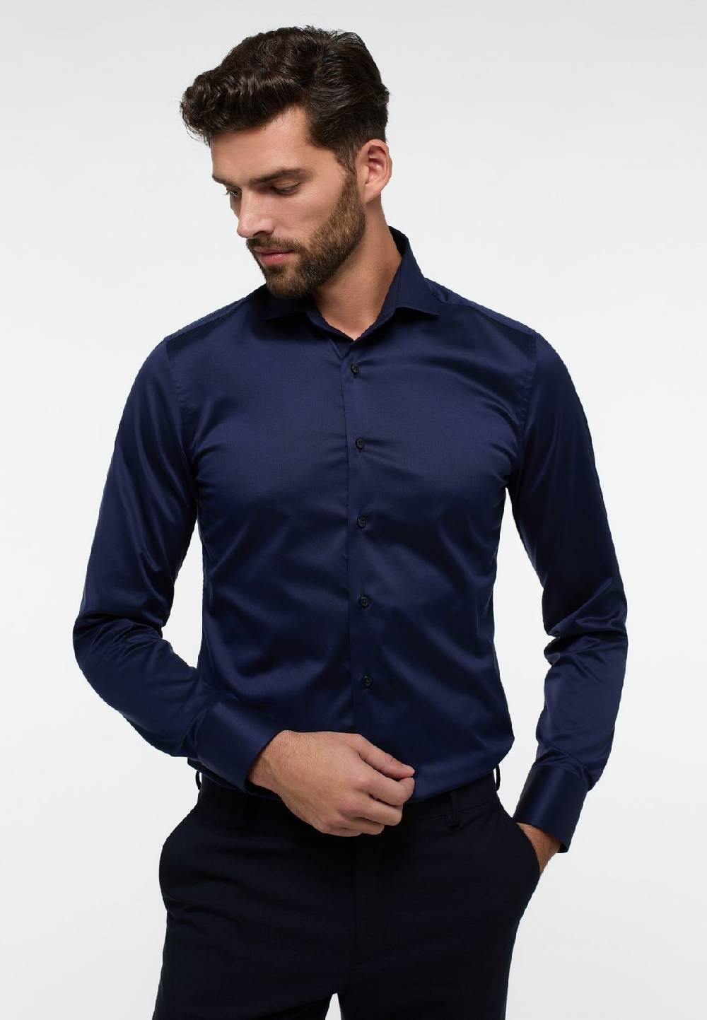 Eterna Camicia blu eterna slim fit in cotone twill no stiro In Saldo