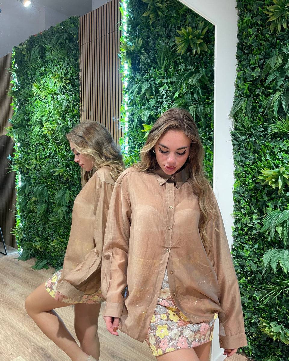 Lovely Sisters Camicia semi velata marrone Vendita Calda