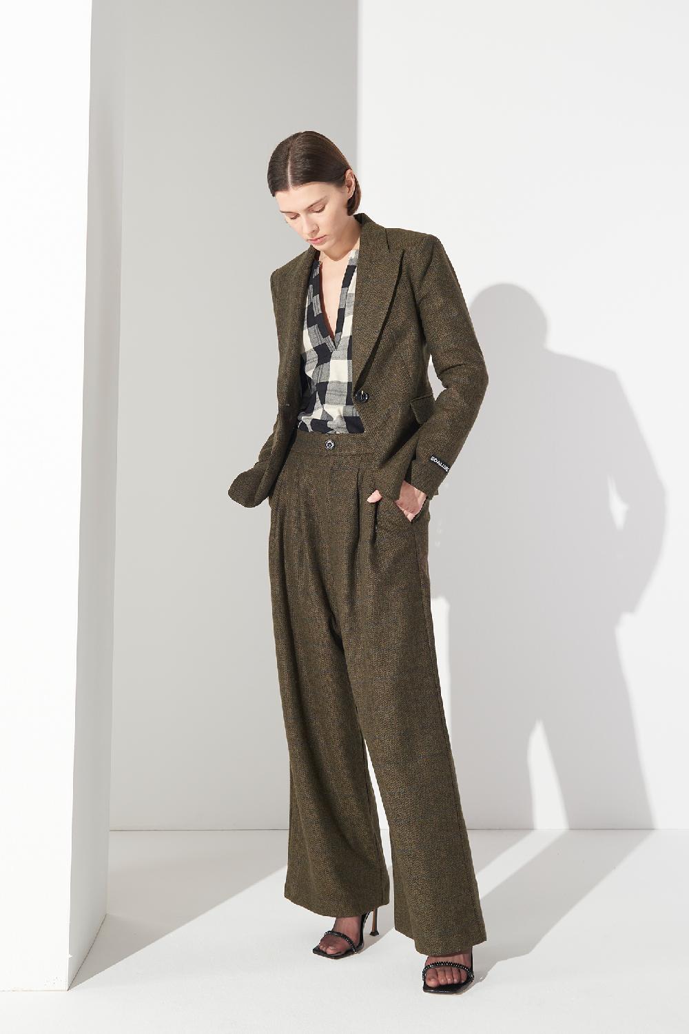Soallure PANTALONE PALAZZO CON PENCES IN PANNO SPINATO Italy
