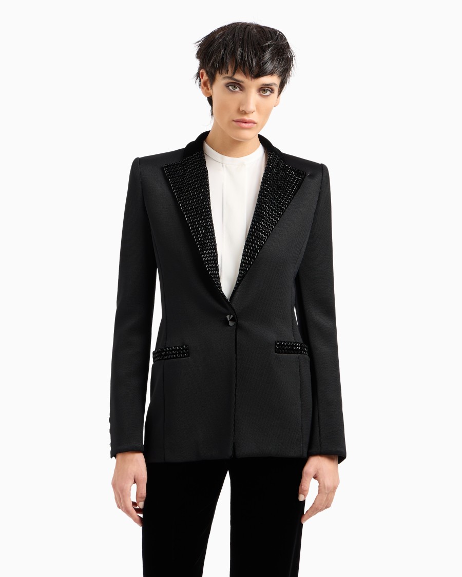 The world of armani GIACCA MONOPETTO IN JERSEY DOUBLE E VELLUTO CON RICAMI Sconto