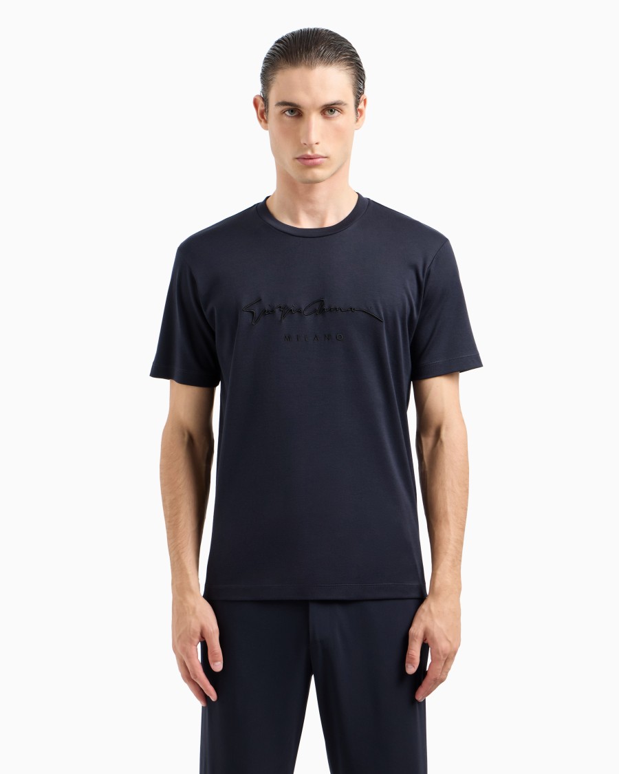 The world of armani T-SHIRT IN INTERLOCK DI PURO COTONE CON LOGO RICAMATO Qualità Garantita