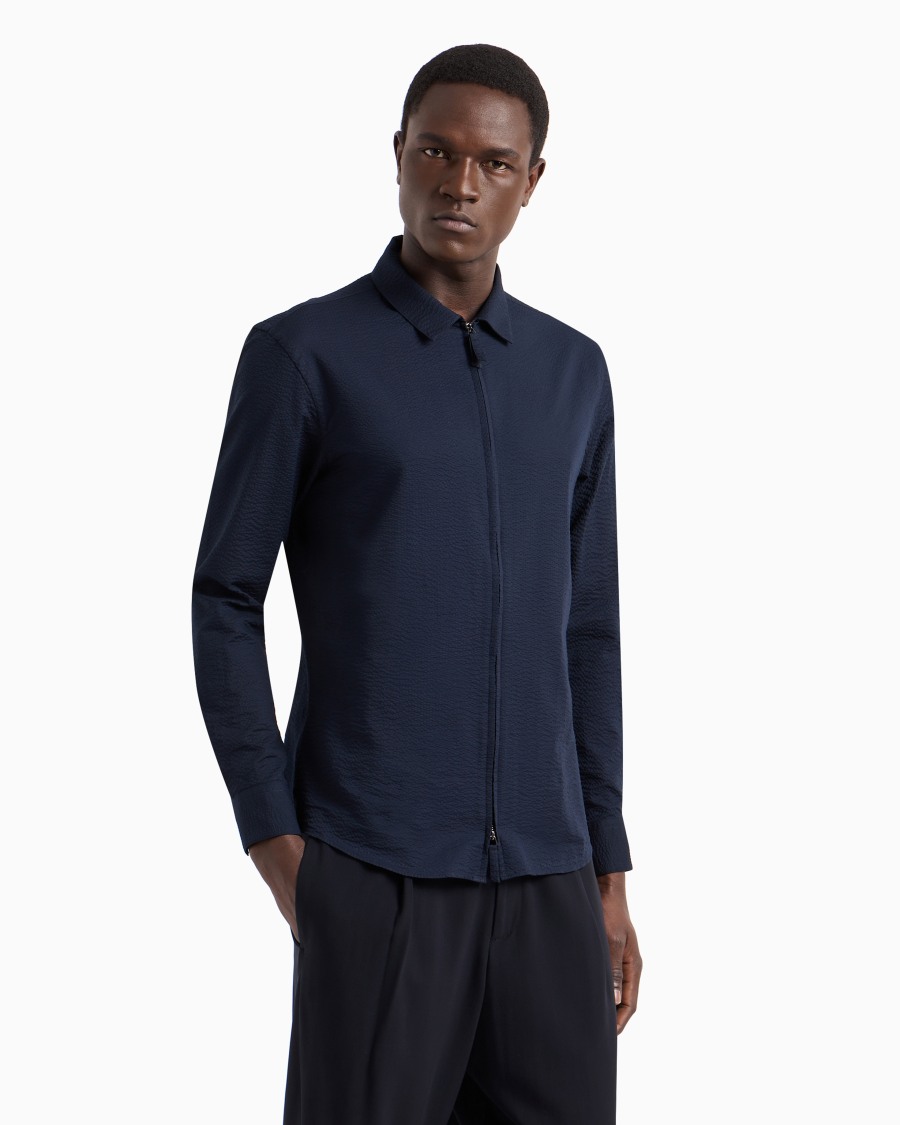 The world of armani CAMICIA SLIM FIT CON ZIP IN COTONE SEERSUCKER Consegna Veloce