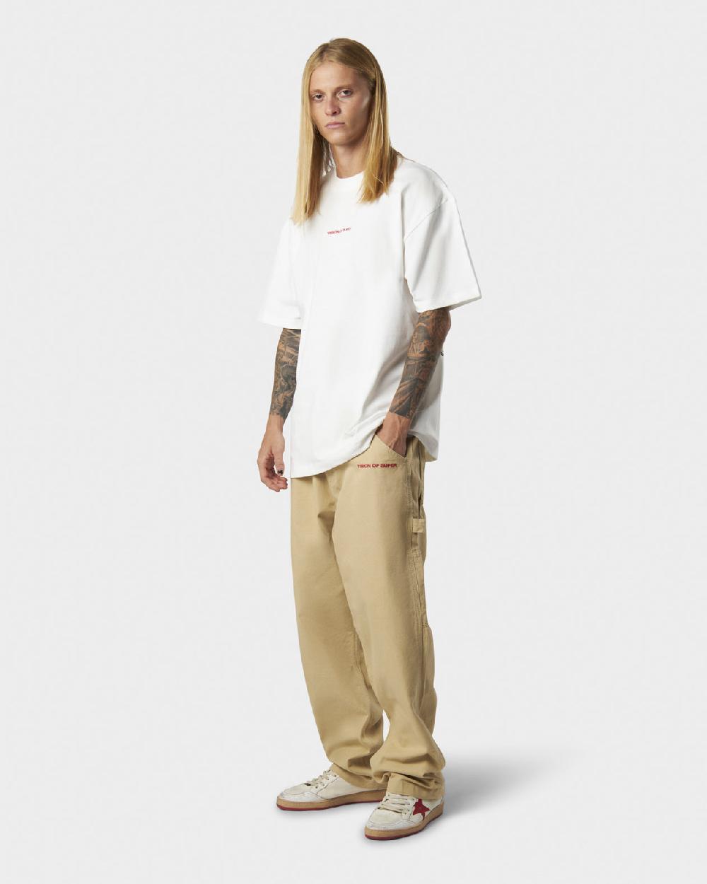 Vision Of Super WHITE T-SHIRT WITH MILITARY VOS PRINT ON BACK AND EMBROIDERED LOGO ON FRONT Vendita